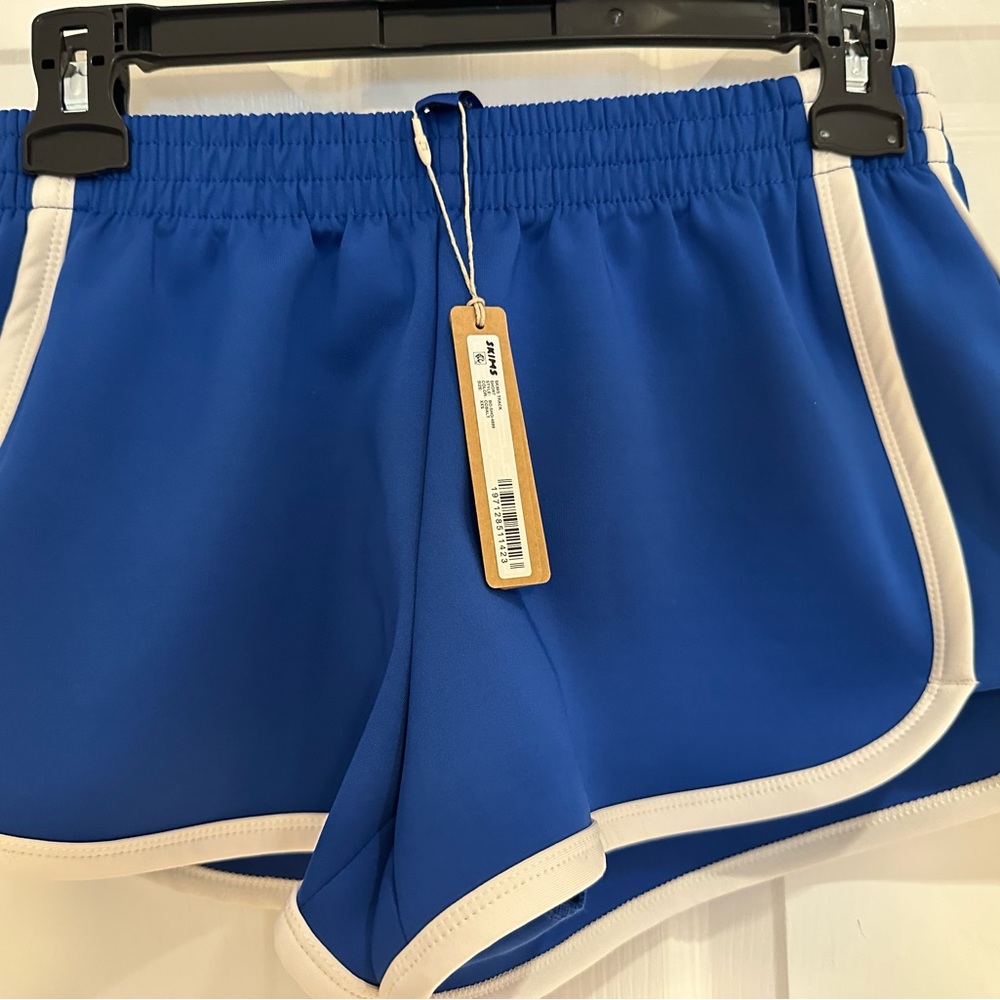 SKIMS Blue and White Athletic Shorts with Elastic Waistband XXS